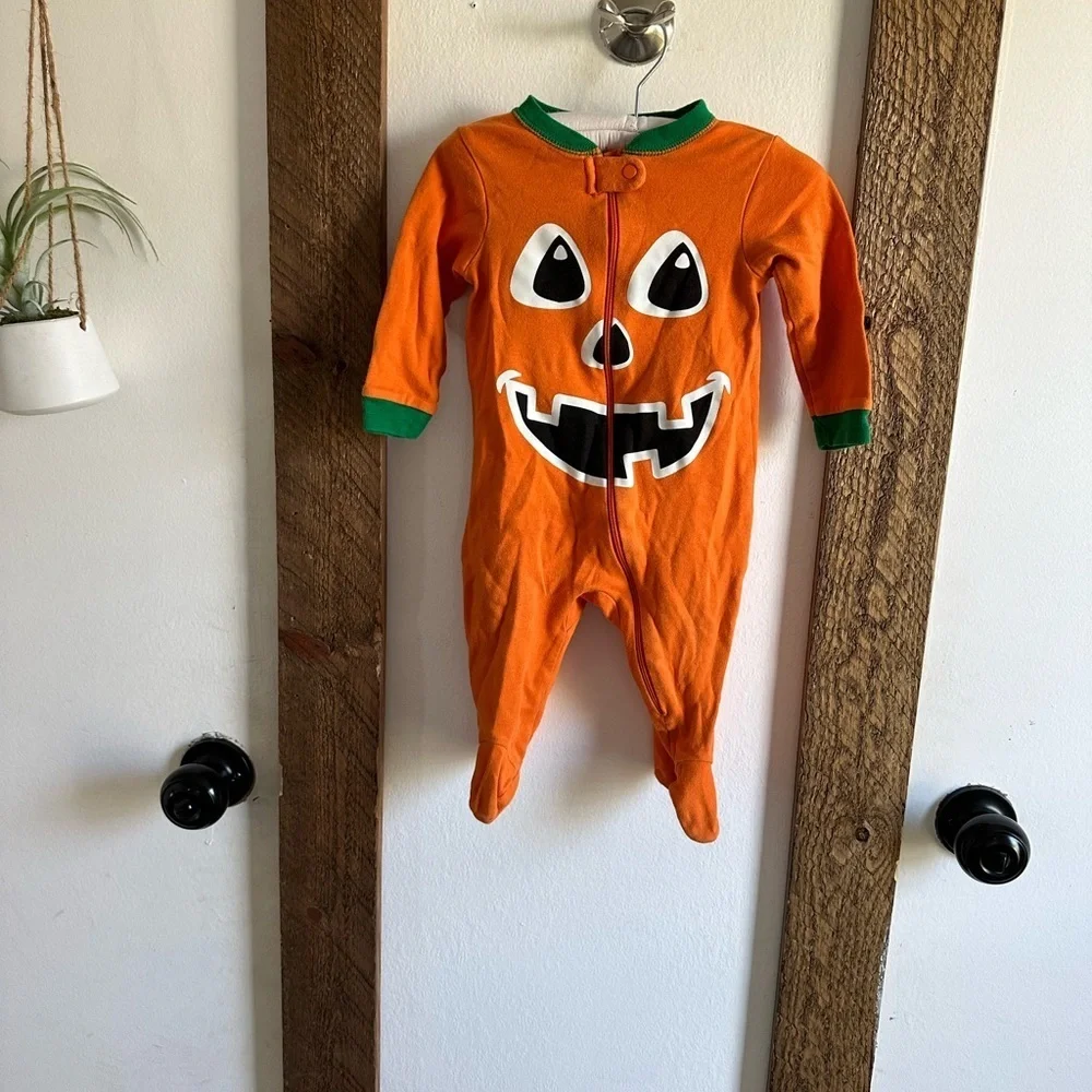 Adorable Pumpkin Jack O Lantern Zip Cotton Footies Sleep and Play 3-6 Months EUC